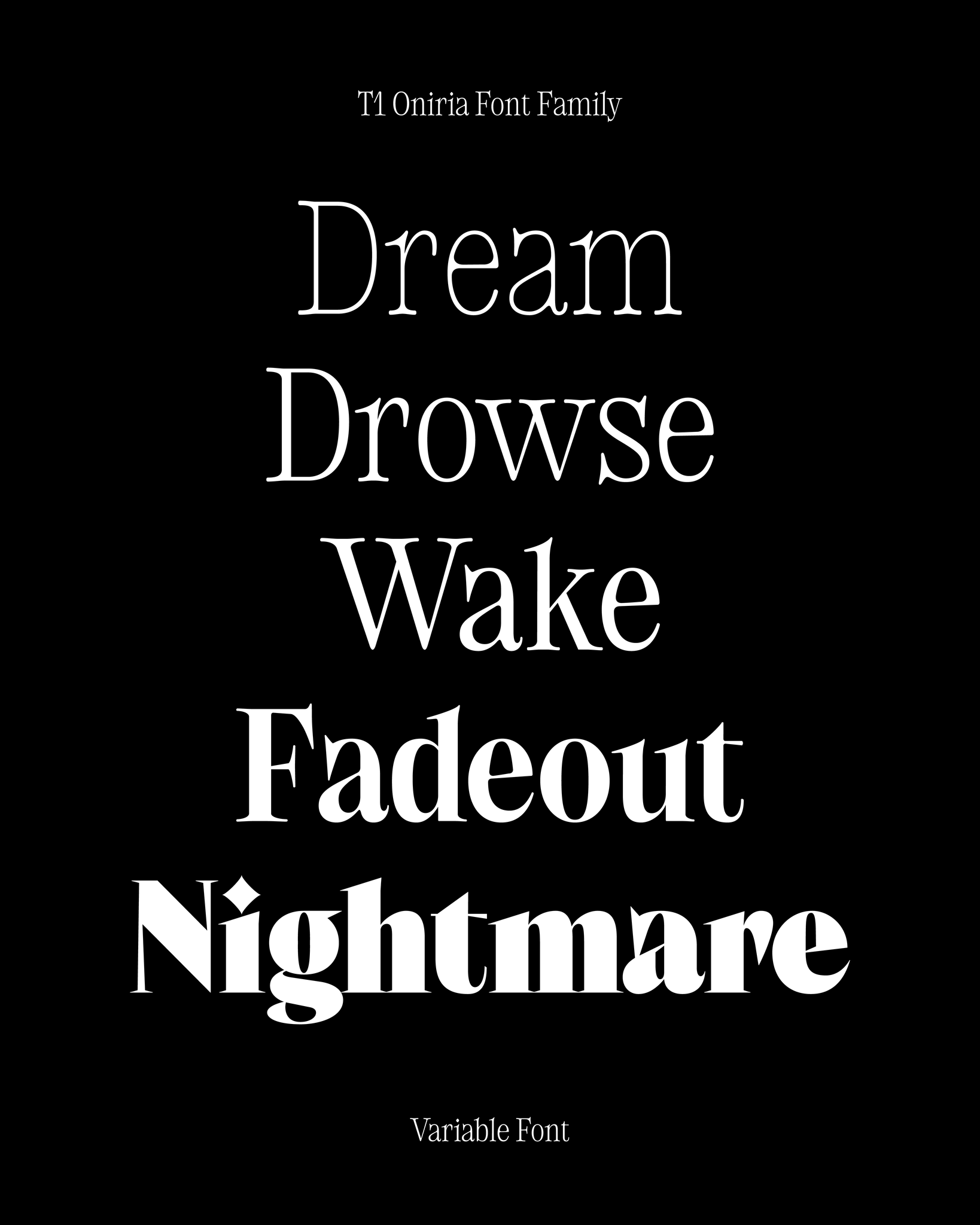 Text display of font family names on a black background